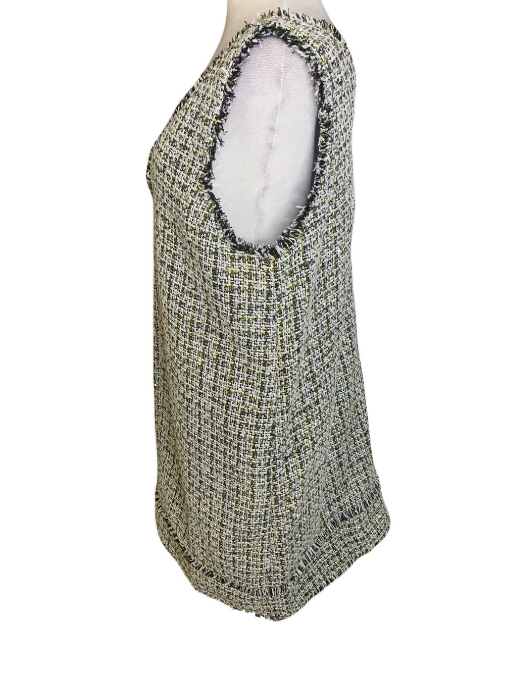 NEW LOFT Blue Gold Metallic Tweed V-Neck Size 14 Mini Dress Sleeveless Fringe - Picture 4 of 10